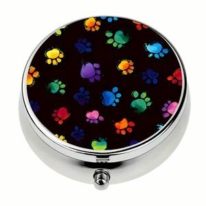 Pill case, metallic,  (colorful dog paws)  tiny little case (Diameter: 2”).